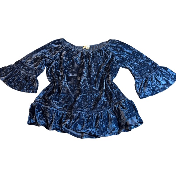 Studio JPR Top Blue Crushed Velvet Bell Sleeve Ruffle Peasant Womens Size S - Picture 2 of 9